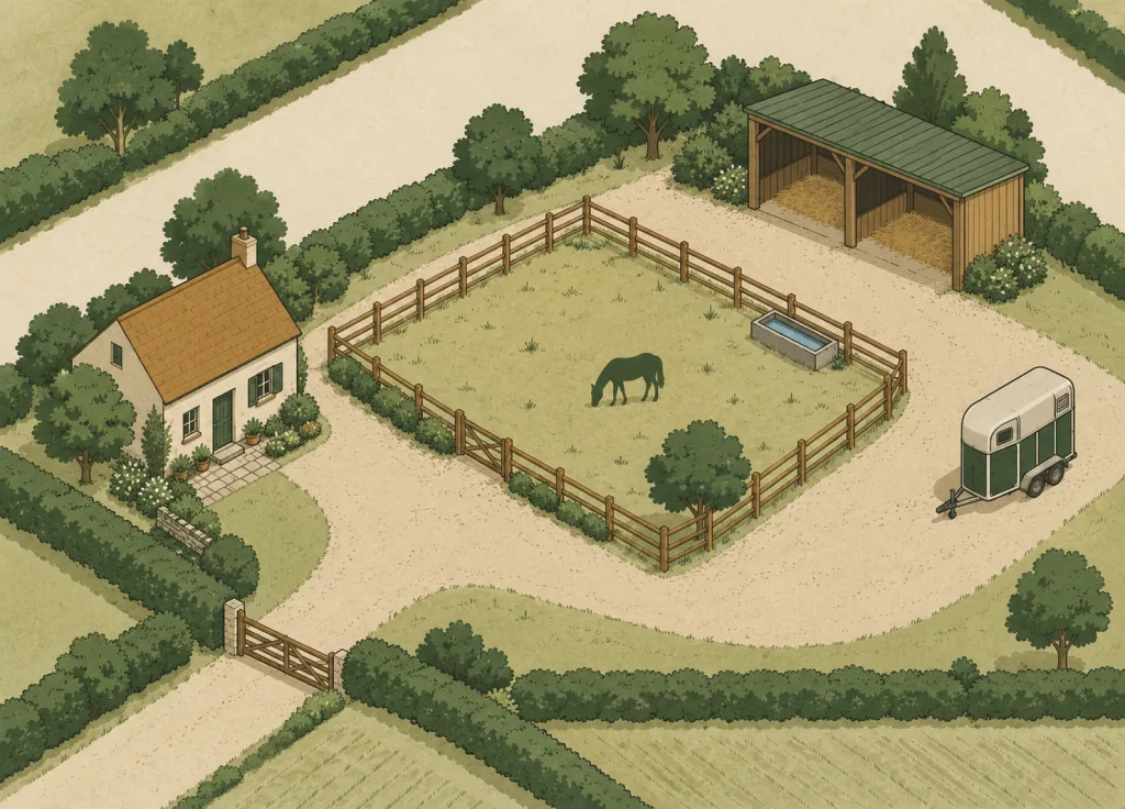 Plan illustré d’une étape pour cavaliers : maison, pré clôturé avec abreuvoir, abri ouvert et van à chevaux